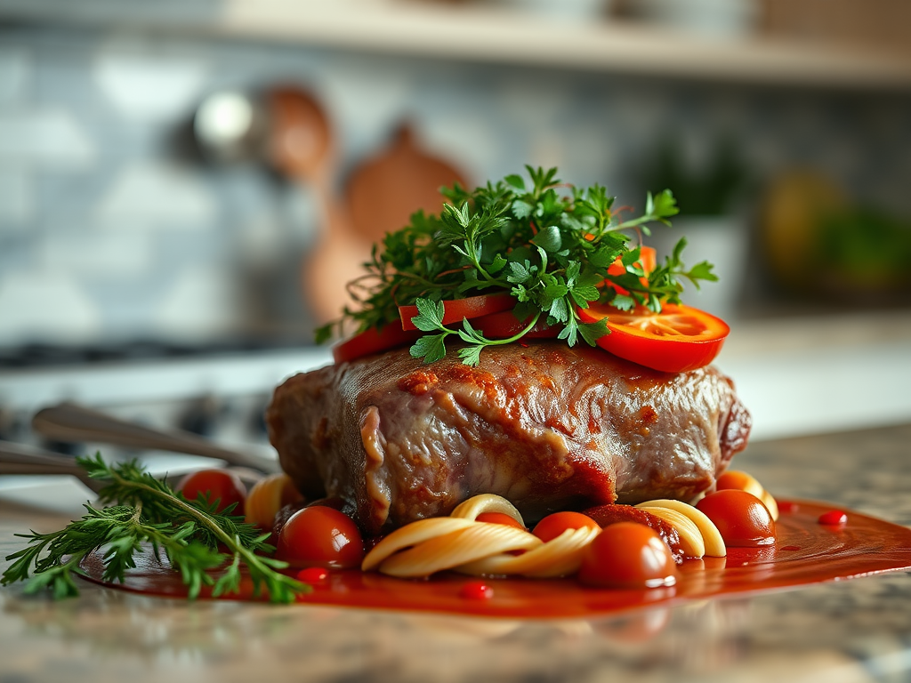 Сочное мясное блюдо с макаронами, помидорами и зеленью, красиво оформлено на тарелке.