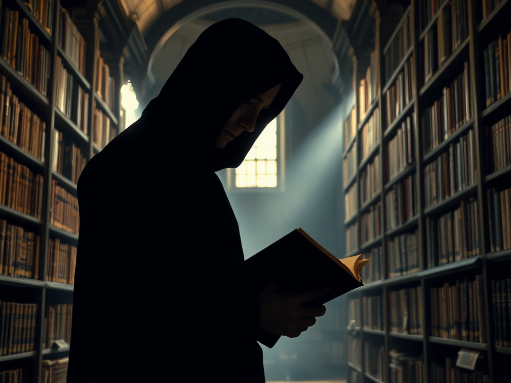 В тёмном библиотечном зале фигура в капюшоне читает книгу, освещённая мягким светом, создающим мистическую атмосферу.