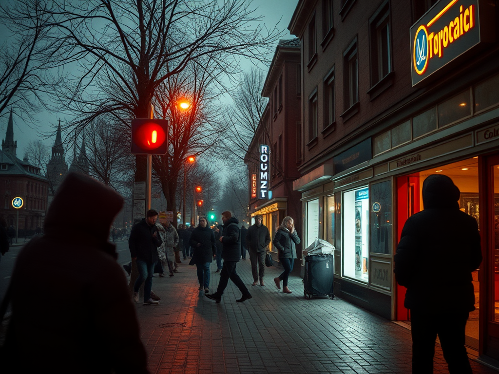 Городская улица в вечернее время, прохожие, магазины и красный сигнал светофора.