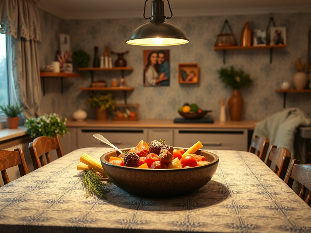 На столе в уютной кухне деревянная чаша с фруктами и овощами, над ней светит лампа.
