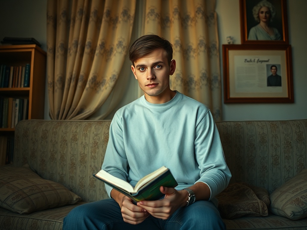 Молодой мужчина сидит на диване с книгой в руках, на фоне стенных картин и занавесок.