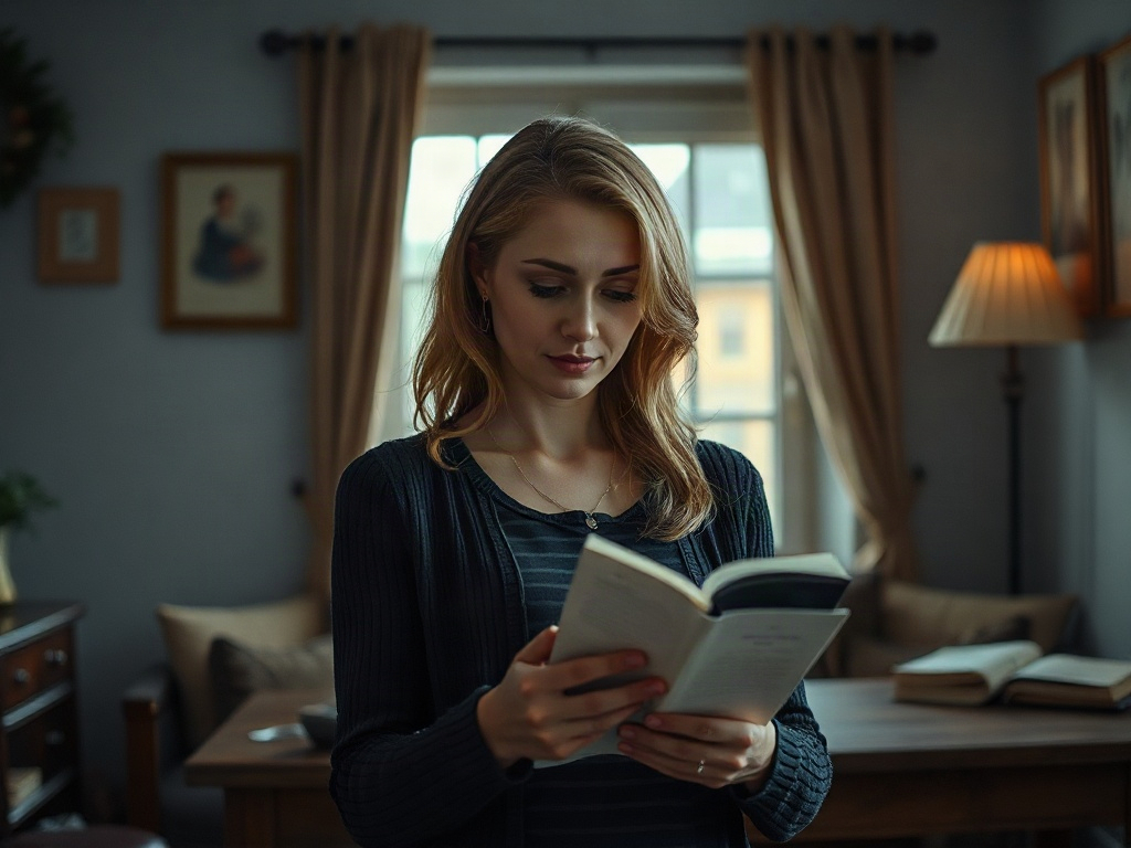 Женщина читает книгу в уютной комнате с мягким освещением и картинами на стенах.