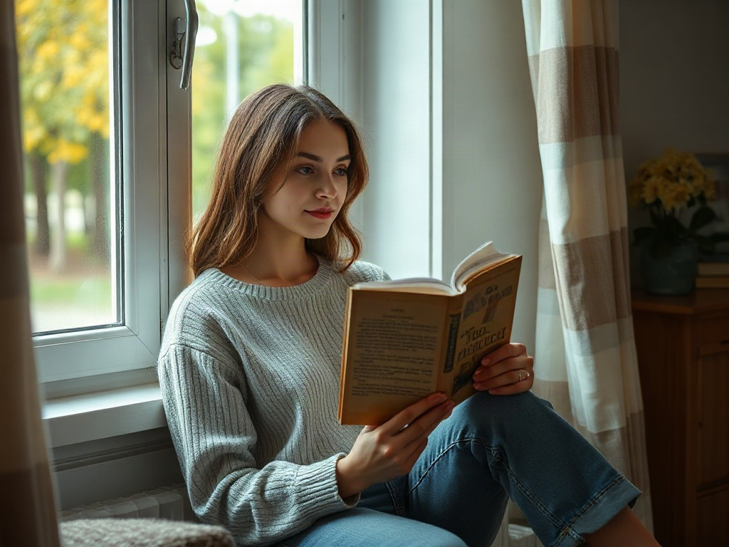 Девушка читает книгу у окна, сидя на подоконнике, с уютным интерьером и зелеными деревьями на заднем плане.