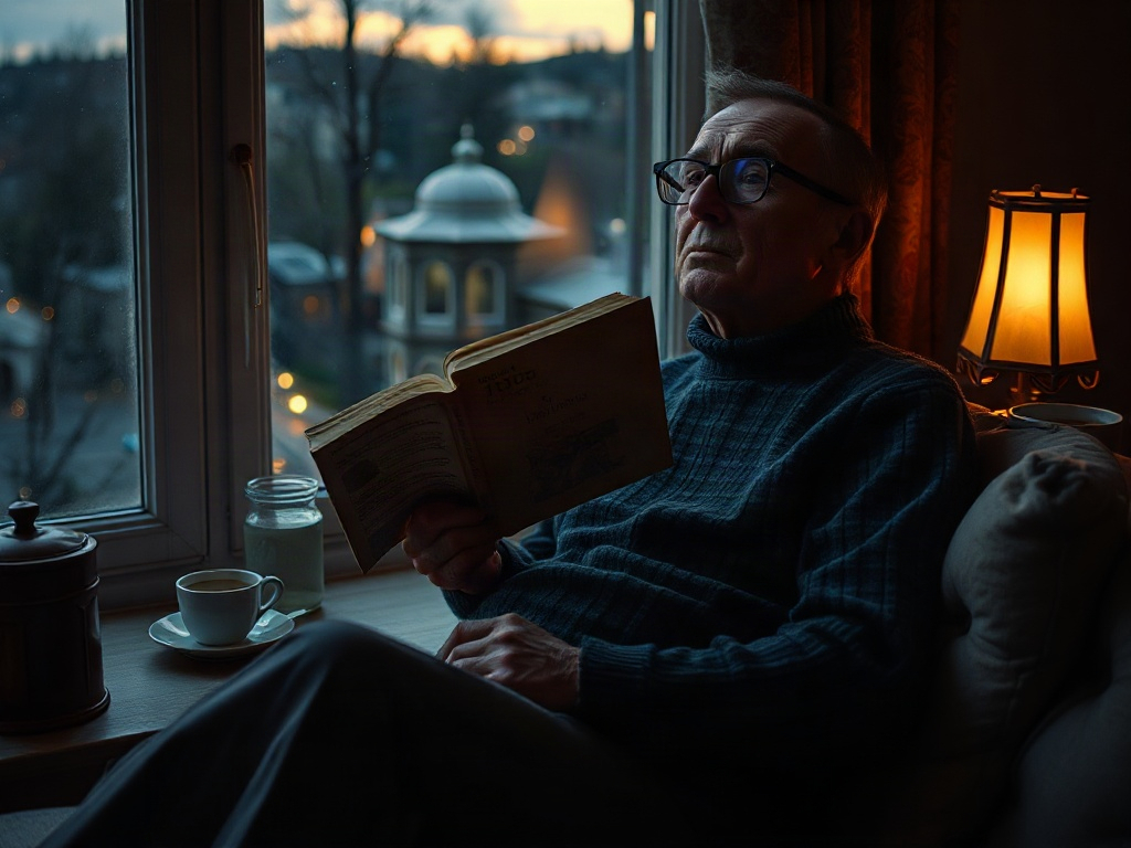 Пожилой мужчина читает книгу у окна, рядом с ним чашка кофе и лампа, на улице вечер.